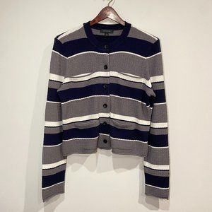 Ann Taylor Heavyweight Navy Blue, White & Grey Striped Cardigan Size Medium